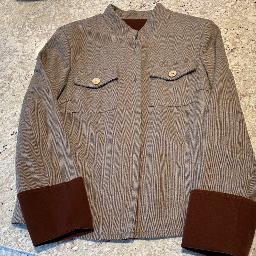Quince Brown Herringbone Mandarin Collar Blazer with Dark Brown Cuffs